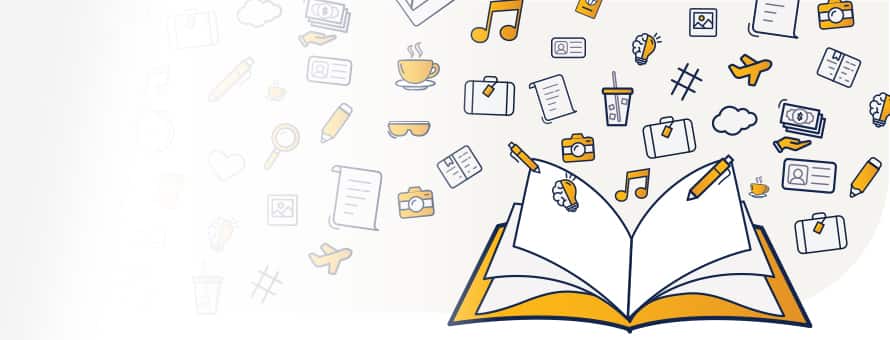 Illustration of an open book surrounded by icons of travel, art, music, and hobbies.