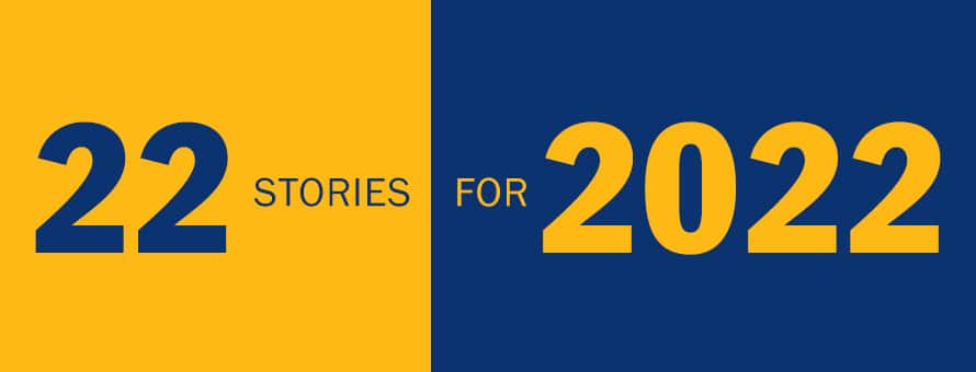 A yellow square next to a blue rectangle with the text 22 Stories for 2022