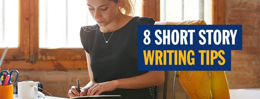 A woman writing in a journal and the text 8 short story writing tips.