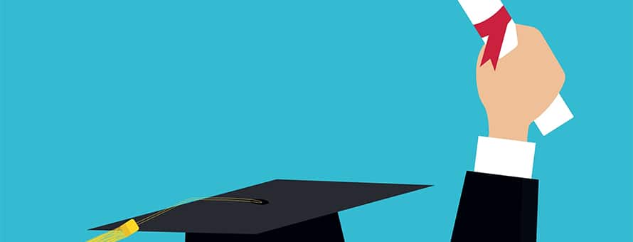 Illustration of a graduation cap and a raised hand holding a diploma tied with a red ribbon against a blue background.