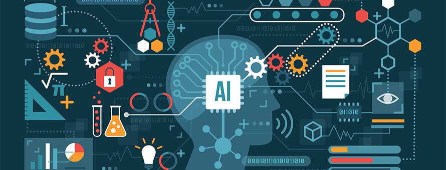 An icon of a human head with an AI box at the center and gears, graphs, beakers, rulers and documents stemming from it.