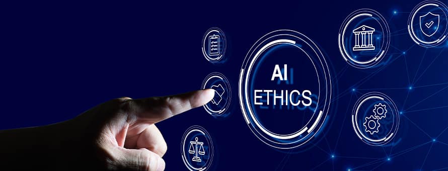 A hand pointing to a digital screen labeled 'AI Ethics,' surrounded by icons representing governance, policy and safety.