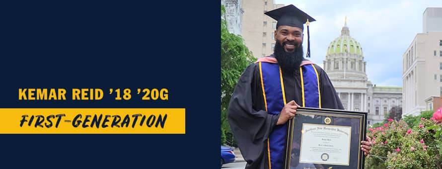 A man holds his SNHU diploma with the words Kemar Reid '18 '20G First-Generation
