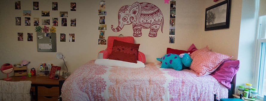 A student's decorated dorm room