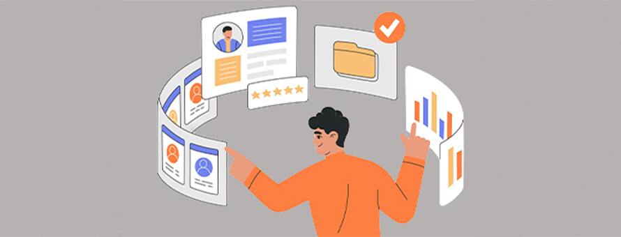 Illustration of an industrial-organizational psychology professional reviewing employee profiles, performance data, assessments and organizational records on a digital dashboard.