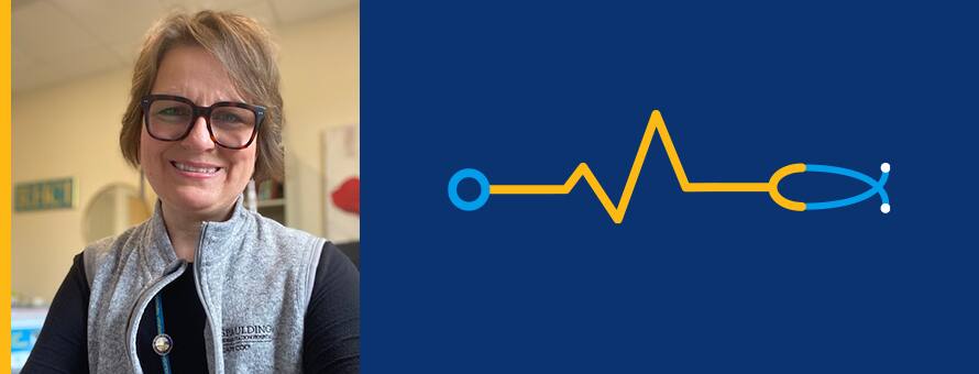 Christina White next to a blue banner and cartoon like stethoscope over it