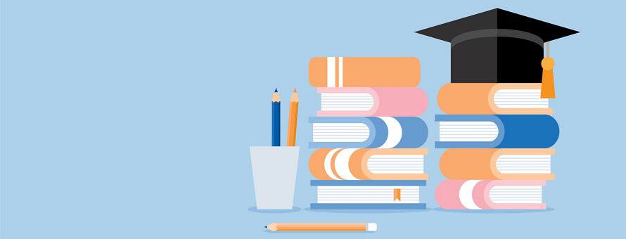 Illustrated pencils, stacks of books and a graduation cap to represent colleges and universities.