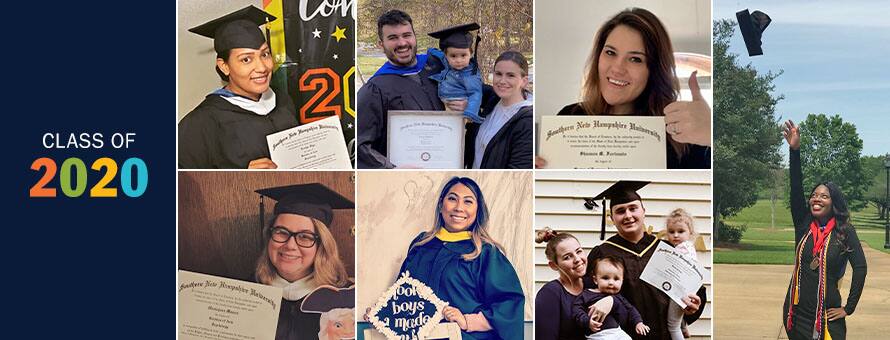 A collage of 2020 SNHU graduates and the text 'Class of 2020.' From left to right on the top row: Evelyn Vigo, Casey Lamarca with his wife and child, Shannon Fortunato and Victoria Saffold. From left to right on the bottom row: Mariajose Munoz, Sary Chea and David Collum with his family.