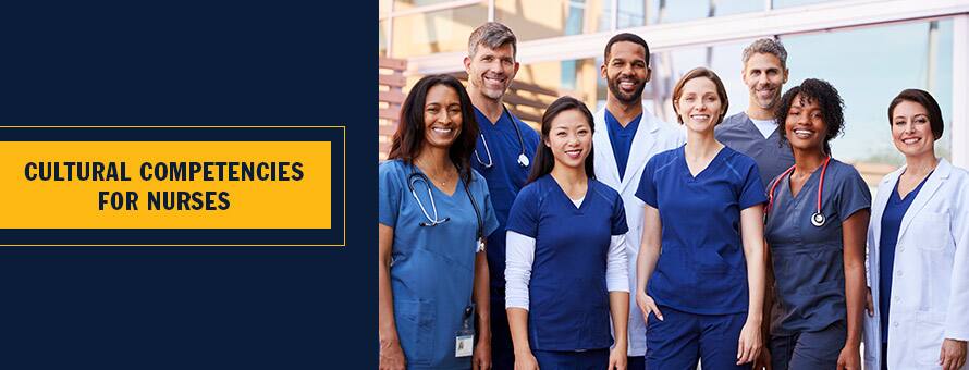 A diverse group of eight nurses wearing scrubs with the text cultural competencies for nurses.