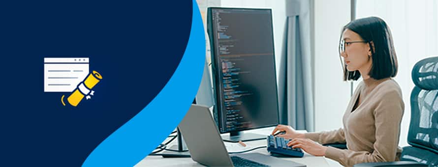 An icon of a diploma to the left of a cybersecurity professional who is typing on a keyboard in front of a large monitor of code.