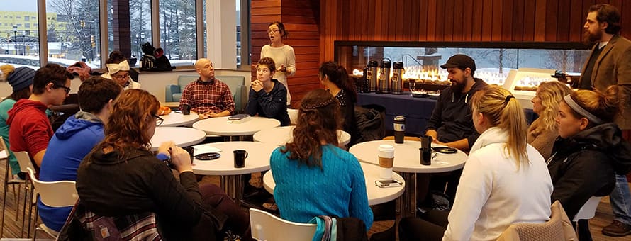 Dr. Kiki Berk leading a Death Cafe on the SNHU campus.