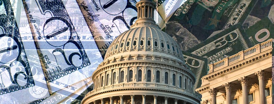 United States Capital building with a collage of money behind it.