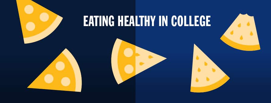 Pizza slices icons and the headline Eating Healthy in College