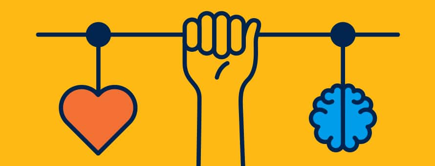 A yellow background with a cartoon hand holding a scale with a cartoon brain on one side and a heart on the other