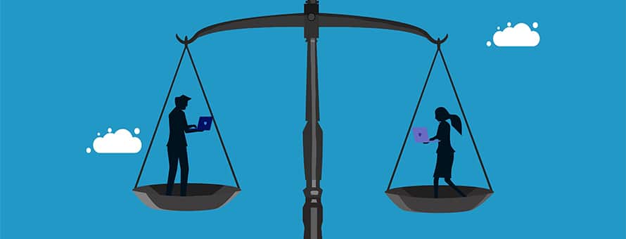 An illustration of a balanced scale with two silhouetted people standing on opposite sides, each researching ethics on a laptop, against a blue background with clouds.