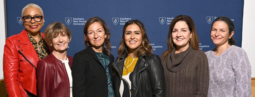 SNHU female Board of Trustees from left to right: Janiece Y. Evans-Page, Diane Tryneski, Winnie Lerner, Maribel Duran, Lisa Guertin and Dr. MaryEllen C. McGuire.