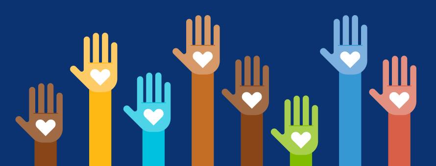 A cartoon of eight raised hands with a heart on each palm.