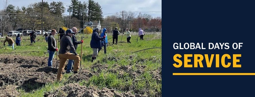 SNHU staff working in the New Hampshire Food Bank production garden with the text Global Days of Service