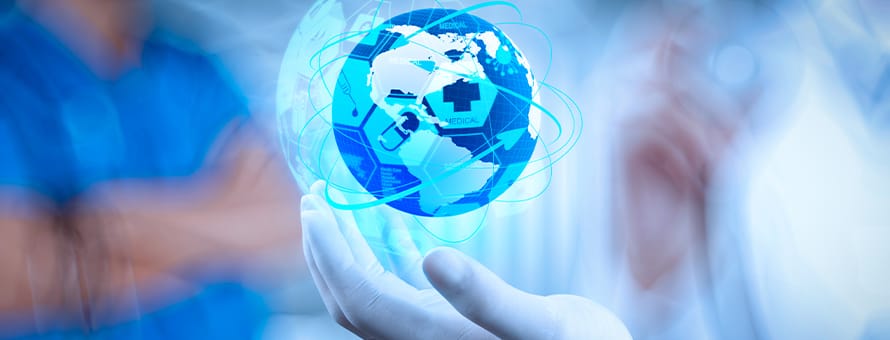 A gloved hand holding a glowing globe with medical icons and network lines, against a blue clinical background.