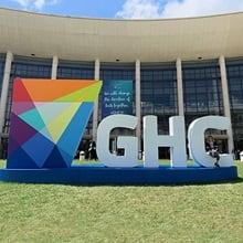 The Grace Hopper logo and letters GHC statue outside the Orange County Conference Center in Orlando, Florida.