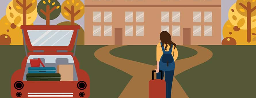 Illustration of a student moving onto a college campus with a suitcase and a red car next to her with an open trunk full of luggage.