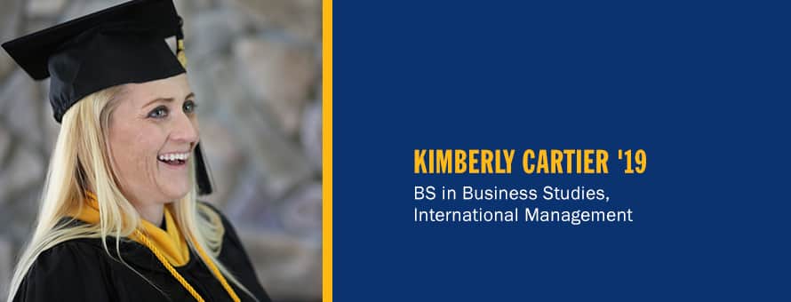 Kimberly Cartier smiling with the text: Kimberly Cartier '19  BS in Business Studies, International Management