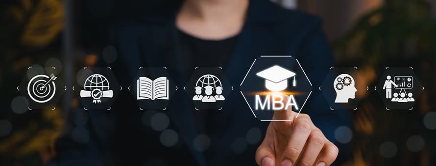 A person selecting an MBA icon on a virtual display with education and career symbols.