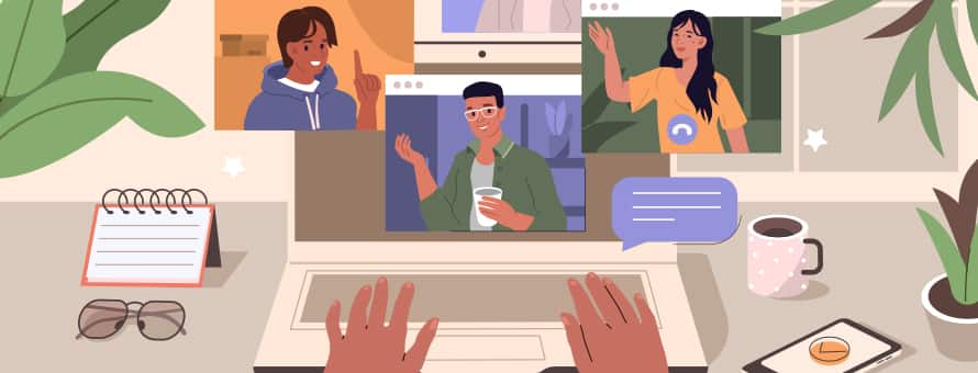 Hands over a laptop featuring videos of different people, representing online connections.