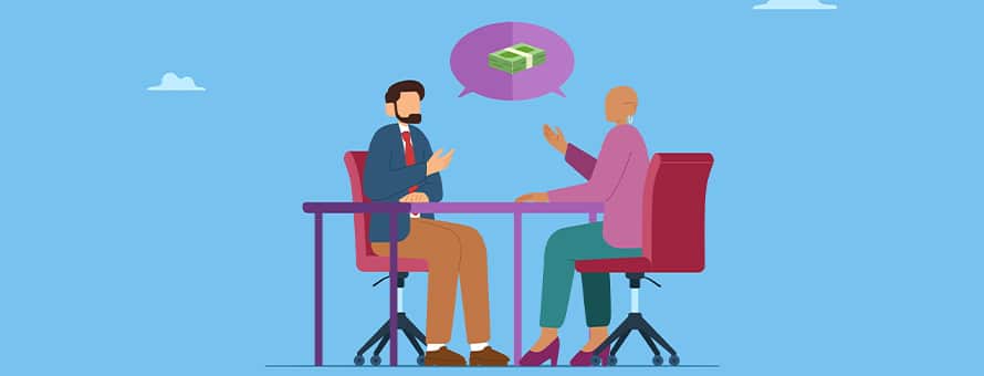 An illustration of two people in a business meeting with a speech bubble depicting a stack of dollars to represent negotiating salary.