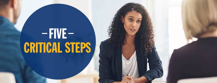 Someone who learned how to become a mental health counselor and is now helping clients with the text Five Critical Steps