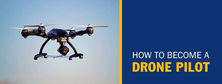 A drone in mid-air and the text 'How to Become a Drone Pilot'