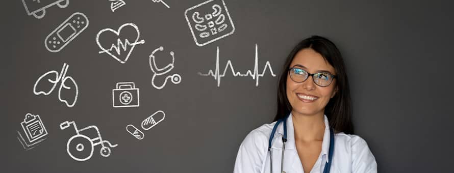 A medical professional in front of a black background with health related icons representing the importance of health education