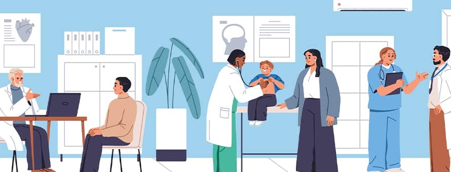An illustration of a nurse interacting with a child and his mother in a clinical setting while another nurse converses with a doctor.