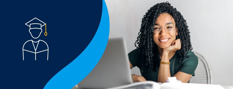 A blue graphic with an outline of a student wearing a grad cap next to a student using her laptop researching if a doctorate degree is worth it