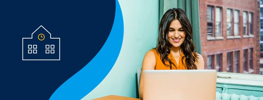 A student using her laptop to earn a university degree with an icon of a school building with a clock to the left