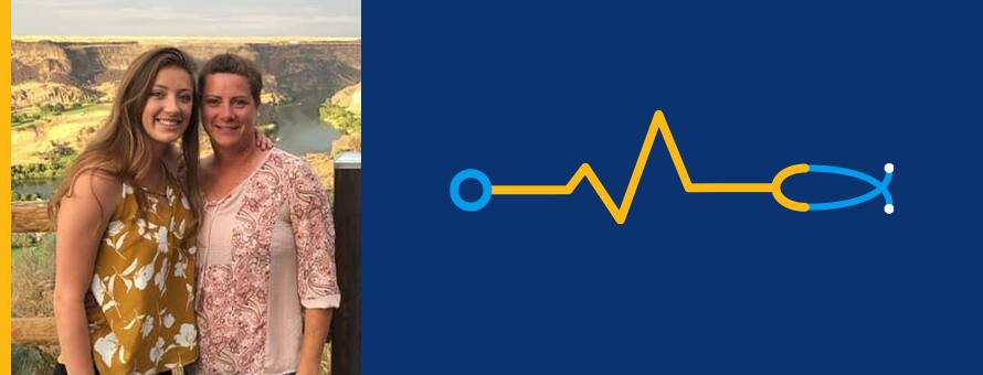 Katina and Ashley Schwartzhoff next to a blue banner with a stethoscope design over it
