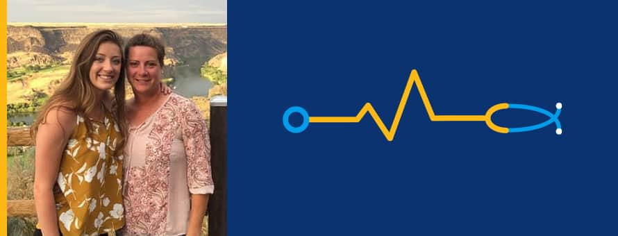 Katina and Ashley Schwartzhoff next to a blue banner with a stethoscope design over it