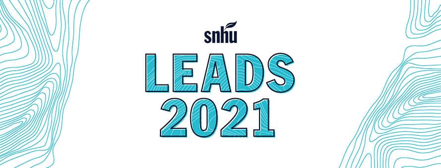 The SNHU logo and wavy blue lines with the text LEADS 2021.