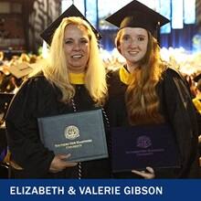 Elizabeth and Valerie Gibson wearing cap and gown and the text Elizabeth and Valerie Gibson