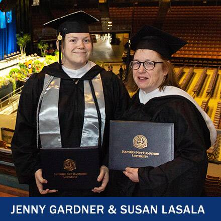 Jenny Gardner and Susan Lasala in cap and gown holding their diplomas and the text Jenny Gardner and Susan Lasala.