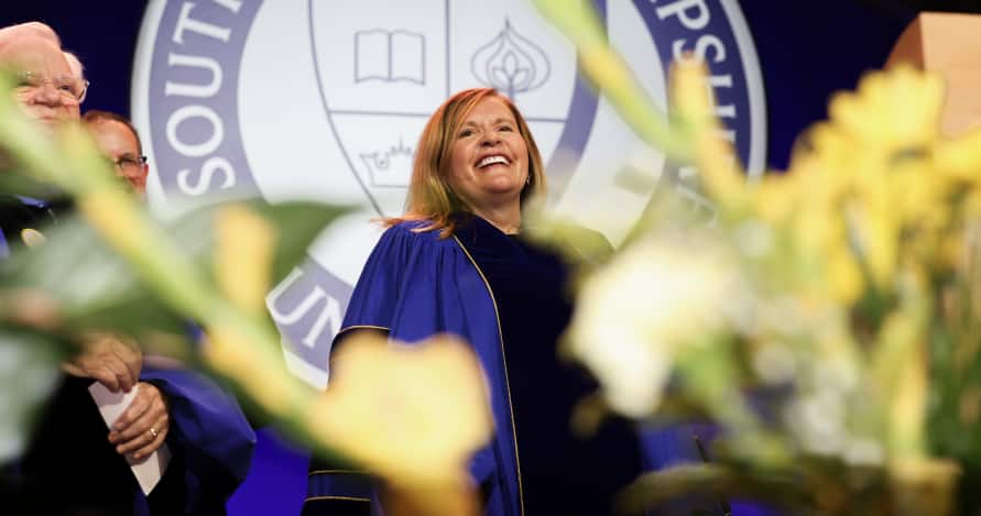 President Lisa Marsh Ryerson smiling on stage at inauguration ceremony.