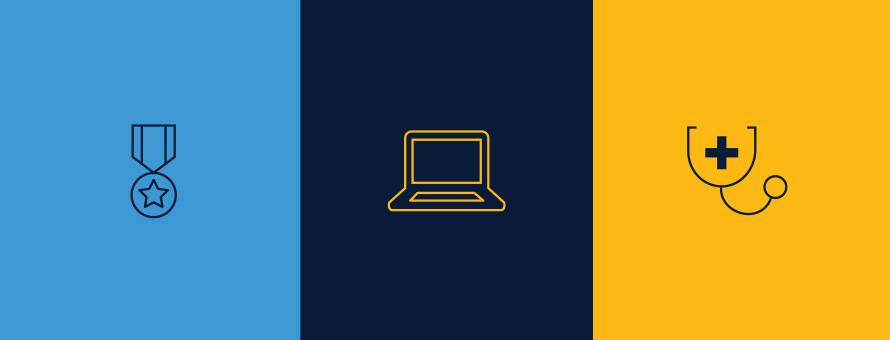 Icons for a military medal, laptop and stethoscope.