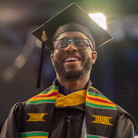 Matthew Seawright in his cap and gown at SNHU's Commencement.