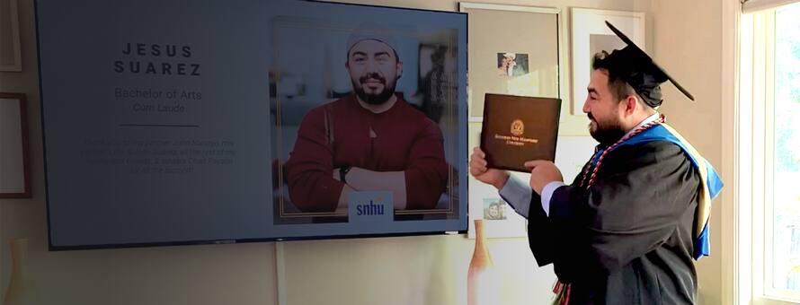 Virtual SNHU student recieiving diploma