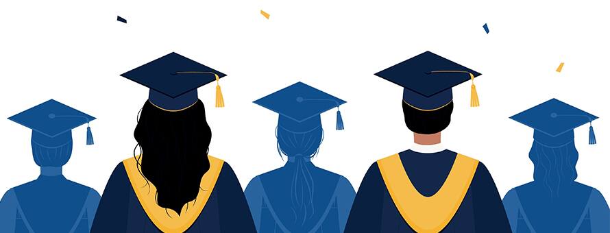 An illustration of five graduates wearing their graduation caps and gowns while blue and yellow confetti floats down.