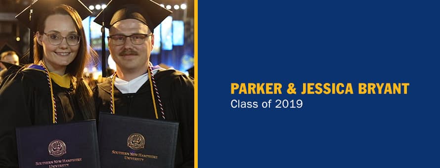 Jessica and Parker Bryant wearing their cap and gowns and the text Parker & Jessica Bryant, Class of 2019.