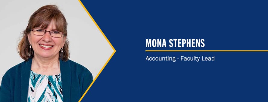 Mona Stephens with the text Mona Stephens Accounting - Faculty Lead