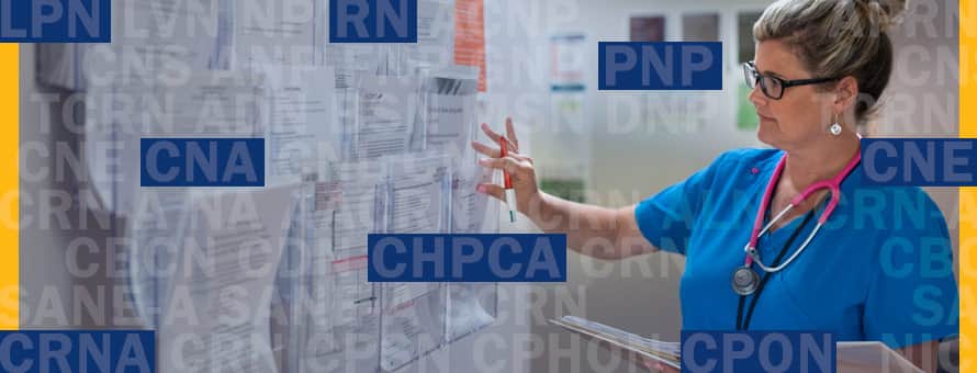 A nurse looking at a chart with a series of nursing acronyms layered on top of her including PNP and CPON.