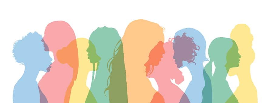 Colorful overlapping silhouettes of diverse women in profile, facing different directions.