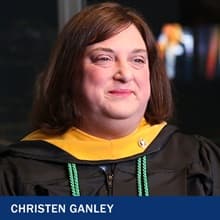 Christen Ganley wearing her graduation gown and the text Christen Ganley.